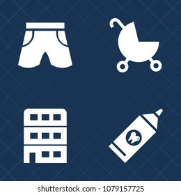 Premium set of fill vector icons. Such as kid, childhood, carriage, clean, brush, house, perambulator, short, office, health, shirt, parent, business, uniform, hygiene, wear, toothbrush, city, paste