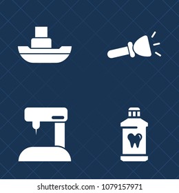 Premium set of fill vector icons. Such as fabric, flashlight, white, bulb, lamp, clean, tool, dental, paste, industry, torch, pocket, transport, transportation, ship, machine, port, marine, maritime