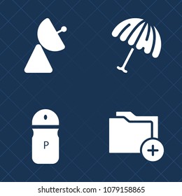Premium set of fill vector icons. Such as network, sign, file, shaker, radio, business, folder, parasol, broadcast, internet, beach, connection, archive, data, communication, season, protection, black
