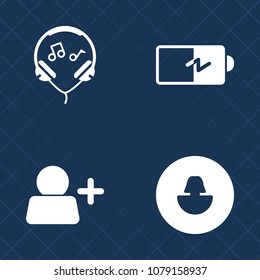 Premium set of fill vector icons. Such as load, charger, object, people, equipment, face, electricity, battery, modern, technology, audio, internet, headset, user, music, profile, phone, player, sign