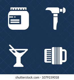 Premium set of fill vector icons. Such as food, glass, collection, background, accordion, hammer, lime, screwdriver, alcohol, tropical, drink, work, fruit, drill, water, label, classic, instrument