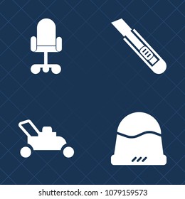 Premium set of fill vector icons. Such as mower, comfort, cut, gardening, lawn, lawnmower, interior, sign, silhouette, fashion, tool, cutter, headwear, blank, chair, furniture, modern, clothing, green