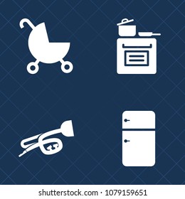 Premium set of fill vector icons. Such as inside, sign, perambulator, cold, food, kitchen, domestic, horn, appliance, concert, baby, stove, household, home, jazz, sound, music, cooking, trumpet, buggy