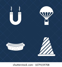 Premium set of fill vector icons. Such as horseshoe, parachute, meal, dinner, science, technology, metal, magnet, hot, sign, landing, power, jump, white, jumper, fast, american, high, road, sausage