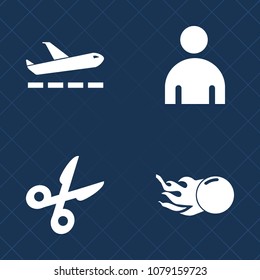 Premium set of fill vector icons. Such as cut, men, airport, plane, black, tool, tailor, transportation, character, comet, meteor, scissors, object, aircraft, fly, casual, fashion, young, style, trip