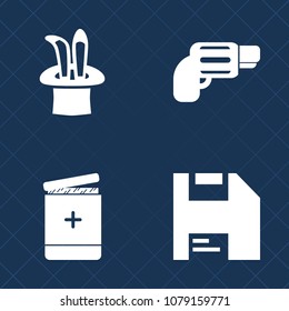 Premium set of fill vector icons. Such as star, care, computer, sign, printer, caliber, army, web, firearm, danger, weapon, internet, diskette, combat, handgun, floppy, health, wizard, war, pharmacy