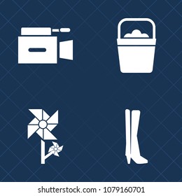 Premium set of fill vector icons. Such as sport, white, studio, equipment, microphone, can, technology, camera, spring, metal, foot, film, water, video, professional, record, plastic, bucket, lens