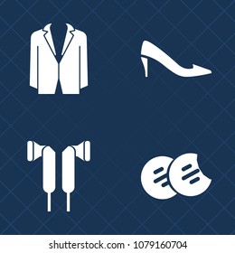 Premium set of fill vector icons. Such as elegant, office, cookie, ear, equipment, human, female, elegance, footwear, chip, style, earphone, person, businessman, stereo, tie, sign, homemade, suit