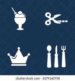 Premium set of fill vector icons. Such as tasty, royal, summer, silhouette, scissors, sign, jewelry, food, paper, meal, strawberry, flavor, princess, icecream, fork, dinner, chocolate, white, king