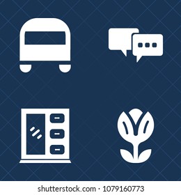 Premium set of fill vector icons. Such as floral, object, modern, school, door, petal, bus, transportation, road, bubble, wood, furniture, trip, chat, stop, vehicle, interior, sign, talk, spring, pink