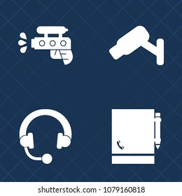 Premium set of fill vector icons. Such as water, office, dj, happy, pistol, protection, paper, earphone, gun, notepad, listen, security, game, stereo, surveillance, cctv, guard, video, fun, summer