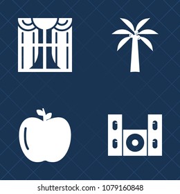 Premium set of fill vector icons. Such as red, vegetarian, interior, player, home, video, food, stereo, modern, house, sweet, , floor, apple, living, ripe, diet, cinema, nature, style, organic, fresh