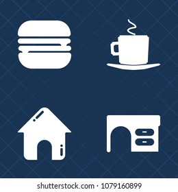 Premium set of fill vector icons. Such as snack, desk, beverage, food, top, architecture, lunch, menu, fast, modern, estate, drink, mug, concept, office, espresso, cafe, burger, real, house, building