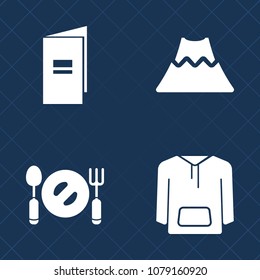 Premium set of fill vector icons. Such as dinner, natural, apparel, hot, travel, food, nature, brochure, paper, volcano, magma, document, restaurant, white, fashion, shirt, volcanic, active, table