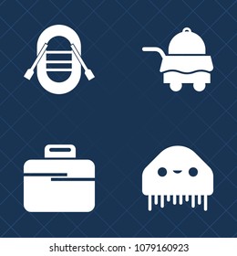 Premium set of fill vector icons. Such as yacht, breakfast, monster, transport, modern, sailboat, food, office, meal, bed, suitcase, hotel, service, fiction, science, case, sea, white, space, business