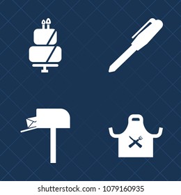 Premium set of fill vector icons. Such as delivery, delicious, school, sugar, food, postal, box, chief, restaurant, kitchen, pastry, communication, baked, business, tasty, pencil, mailbox, service