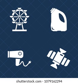 Premium set of fill vector icons. Such as black, style, garbage, spaceship, amusement, salon, planet, holiday, eye, wheel, technology, hairstyle, travel, trash, orbit, recycling, space, container, joy