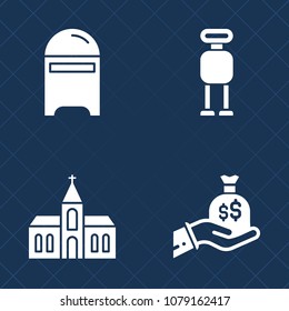 Premium set of fill vector icons. Such as futuristic, business, email, currency, envelope, mechanical, science, android, open, religious, machine, address, building, robot, mail, faith, paper, church