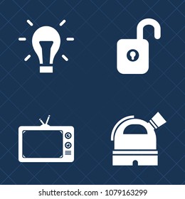 Premium set of fill vector icons. Such as bulb, science, satellite, show, creative, security, media, inspiration, entertainment, lightbulb, video, planet, key, safety, electric, innovation, space, tv