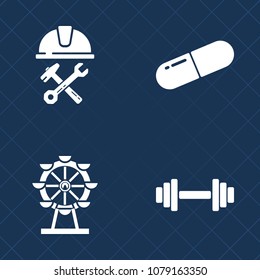 Premium set of fill vector icons. Such as gym, site, pharmacy, vitamin, occupation, sport, wheel, building, london, person, medicine, dumbbell, capsule, equipment, foreman, construction, medical, pill