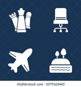 Premium set of fill vector icons. Such as dessert, chocolate, chair, aviation, modern, seat, king, flight, chess, strategy, sky, transport, air, cupcake, bakery, travel, muffin, furniture, comfortable