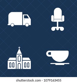 Premium set of fill vector icons. Such as cross, service, business, christianity, shipping, chair, modern, beverage, latte, office, holy, silhouette, religious, coffee, truck, espresso, hot, church