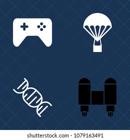 Premium set of fill vector icons. Such as sky, technology, graphic, ship, parachuting, galaxy, button, skydiving, parachute, medicine, genetic, gaming, controller, game, biology, skydive, spacecraft