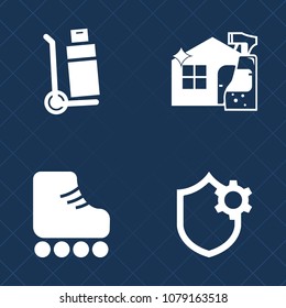 Premium set of fill vector icons. Such as sign, delivery, container, home, broom, housework, truck, business, style, shoe, equipment, spray, mop, transport, setting, transportation, boot, box, wash