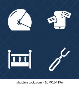 Premium set of fill vector icons. Such as sport, dinner, sign, mobile, furniture, internet, biker, chat, nursery, interior, speed, cot, cradle, restaurant, road, media, child, moto, bike, phone, kid