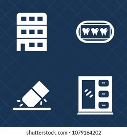 Premium set of fill vector icons. Such as dental, eraser, city, rubber, healthy, modern, change, home, architecture, kitchen, school, erase, hygiene, cabinet, structure, real, interior, object, white