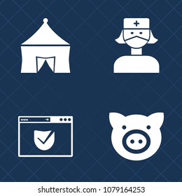 Premium set of fill vector icons. Such as livestock, amusement, tent, festival, emergency, pork, service, sign, farm, lock, stethoscope, pig, web, security, farming, hospital, leisure, recreation, hog