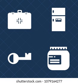 Premium set of fill vector icons. Such as container, food, equipment, security, silhouette, empty, door, box, kitchen, hospital, kit, fresh, key, help, freezer, sweet, emergency, label, refrigerator