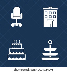 Premium set of fill vector icons. Such as furniture, pie, plate, dinner, rent, silhouette, bakery, urban, cream, fork, sugar, knife, baked, white, comfort, dish, real, lunch, construction, city, home