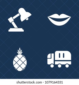 Premium set of fill vector icons. Such as service, female, beauty, vehicle, diet, transport, table, green, lips, furniture, pineapple, girl, tropical, electric, interior, cargo, transportation, fresh