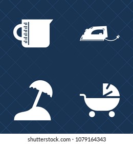 Premium set of fill vector icons. Such as tropical, mother, housework, beach, steam, liquid, laundry, water, kitchen, nature, carriage, island, cup, infant, equipment, child, iron, measurement, pram