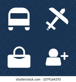 Premium set of fill vector icons. Such as luggage, school, commercial, travel, aviation, account, car, user, tourism, add, bus, traffic, airplane, network, transport, sign, transportation, passenger