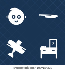 Premium set of fill vector icons. Such as storage, interior, airliner, dinner, restaurant, sky, toddler, childhood, cute, aviation, plane, cooking, little, young, airplane, furniture, wood, family