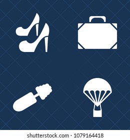 Premium set of fill vector icons. Such as jump, travel, sport, brown, parachute, object, skydiving, sky, cosmetic, shoe, bag, extreme, elegant, make-up, mascara, lady, accessory, glamour, handle, heel