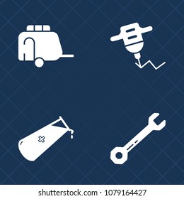 Premium set of fill vector icons. Such as spanner, molecule, wrench, railway, metal, object, repair, element, hammer, industry, work, transportation, train, bus, transport, construction, hand, van