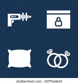 Premium set of fill vector icons. Such as comfort, internet, pillow, soft, futuristic, sleep, lock, gun, game, weapon, engagement, cotton, cushion, jewelry, bedroom, feather, war, sign, love, safe