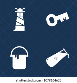 Premium set of fill vector icons. Such as light, close, security, chemistry, work, molecule, paint, roller, silhouette, interior, business, key, navigation, man, wall, element, ocean, nautical, atom
