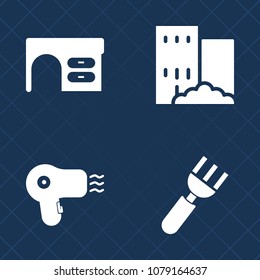 Premium set of fill vector icons. Such as spoon, dryer, office, house, space, modern, hair, keyboard, home, property, rent, urban, business, hairdresser, food, air, knife, construction, work, computer