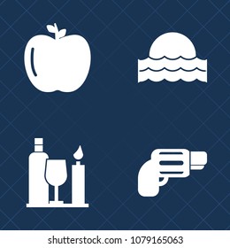 Premium set of fill vector icons. Such as white, bottle, landscape, dawn, yellow, sky, glass, vine, sunset, healthy, pistol, military, beautiful, vegetarian, drink, sunny, light, handgun, firearm, red