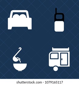 Premium set of fill vector icons. Such as vacation, call, caravan, transportation, dinner, vehicle, screen, transport, equipment, nature, spoon, keypad, pour, car, automobile, black, vintage, camper