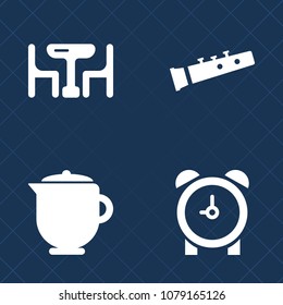 Premium set of fill vector icons. Such as teapot, sitting, harp, happy, drink, alarm, dinner, pot, hour, indoors, glass, music, cup, timer, bell, woman, family, trumpet, white, musical, time, clock