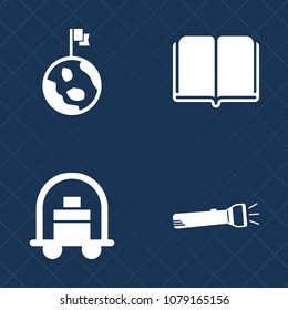 Premium set of fill vector icons. Such as cart, travel, space, suitcase, vacation, hotel, science, earth, global, literature, page, reception, porter, orbit, bulb, tourism, light, book, lamp, paper