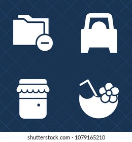 Premium set of fill vector icons. Such as vehicle, paperwork, automobile, storage, silhouette, yellow, auto, white, document, jam, tropical, cold, organic, ingredient, honey, open, jar, juice, pot