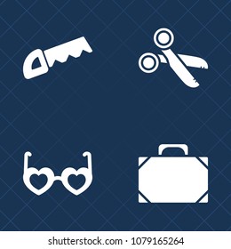Premium set of fill vector icons. Such as steel, brown, handle, blade, glasses, retro, sign, silhouette, leather, travel, accessory, carpentry, object, sunglasses, fashion, tailor, equipment, circular