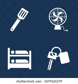 Premium set of fill vector icons. Such as cold, water, blue, white, new, view, room, heat, transportation, pan, pictogram, key, cooking, auto, travel, pot, remote, electric, sleep, motel, equipment