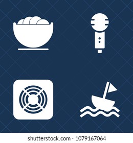 Premium set of fill vector icons. Such as meal, cooking, microphone, heat, boat, empty, wind, dishware, musician, record, nautical, ventilator, object, tableware, song, plate, lunch, music, studio